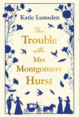 Classic cream background with a dark blue filigree silhouette, consisting of wildflowers and birds along the sides and a crowd of people in historical attire along the bottom (complete with horse and buggy).