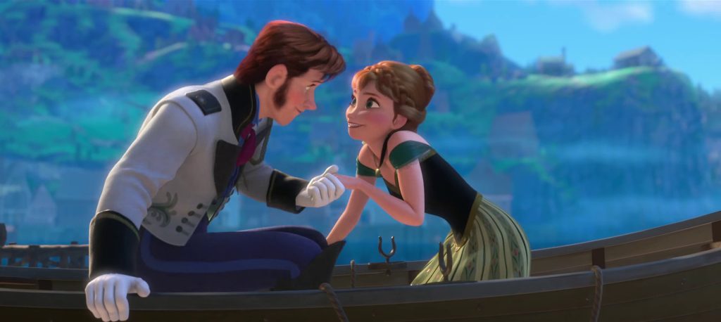 An animated man with red hair in fancy dress helping up a woman with a red braided updo and a green and black dress. They are in a boat.