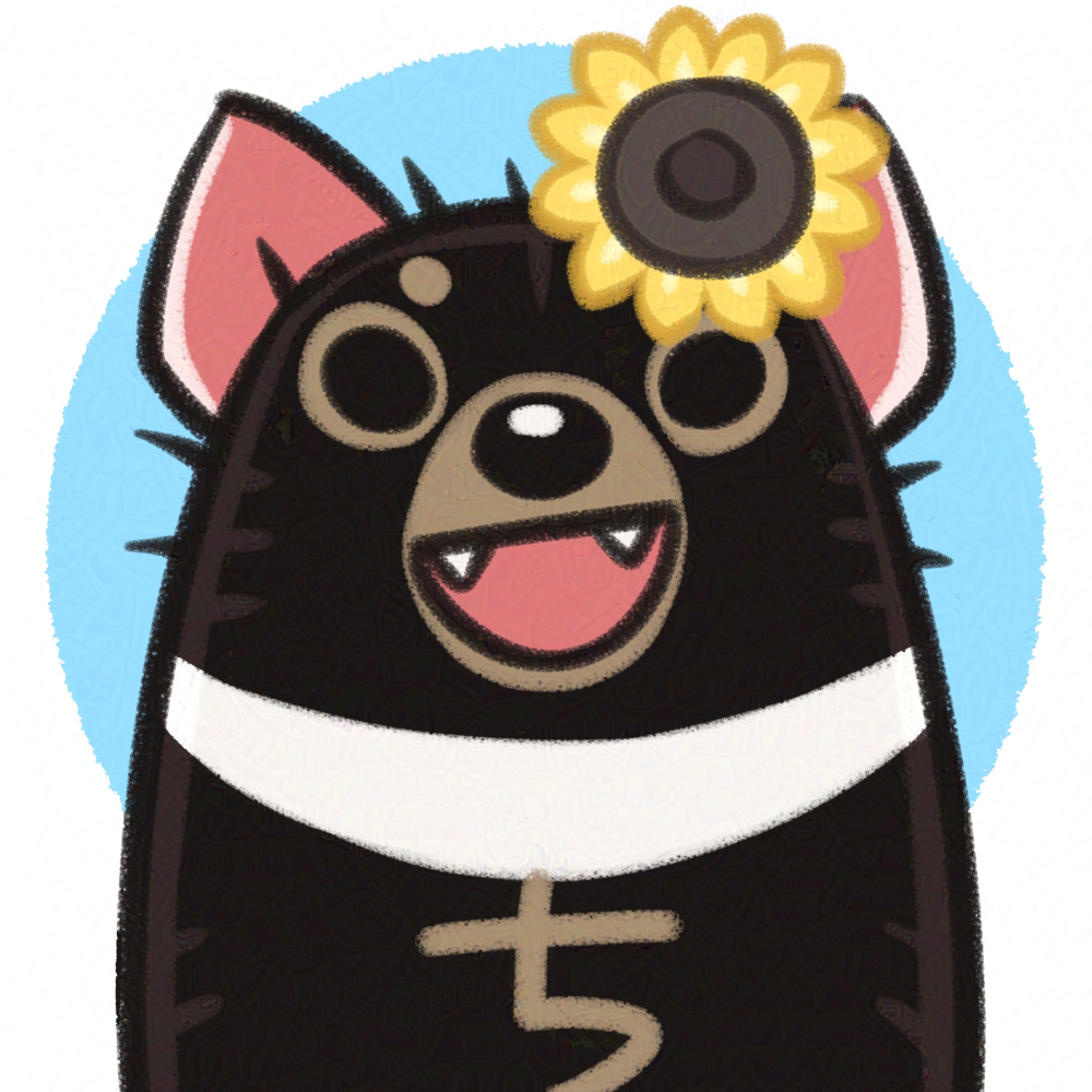 Smiling cartoon animal with a sunflower tucked against one its ears. A light blue circle appears around the character.