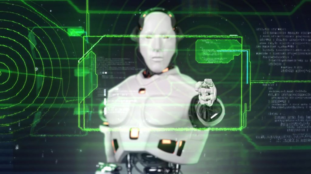 A white robot pointing straight forward at the camera, surrounded by green text and futuristic holograms.
