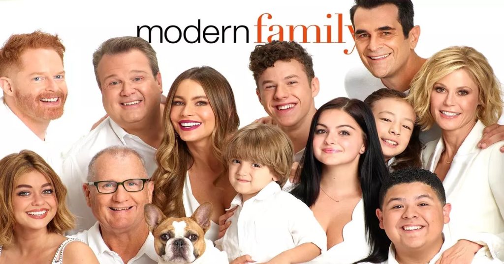 "Modern Family" in the top middle with the characters from left to right Mitchell, Haley, Cam, Jay, Gloria, Stella, Joe, Luke, Alex, Lily, Phil, Manny, and Claire.
