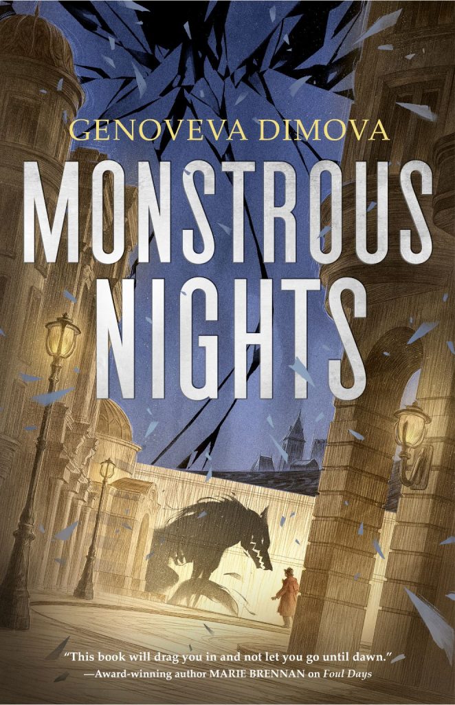 Cover of MONSTROUS NIGHTS with shards of glass in the night sky and a shadow monster.