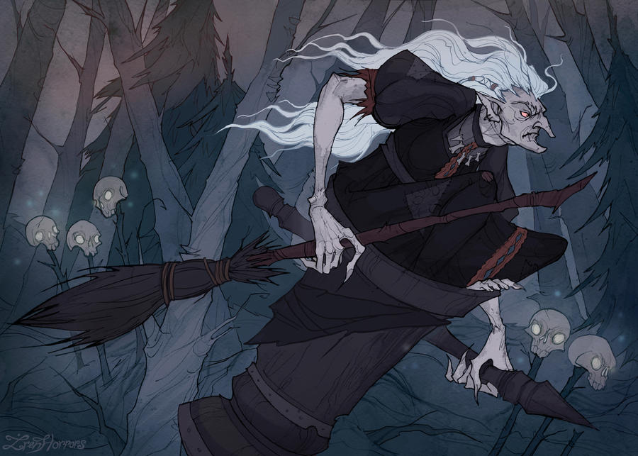 Baba Yaga flies on a broom in a dark forest while holding a stake