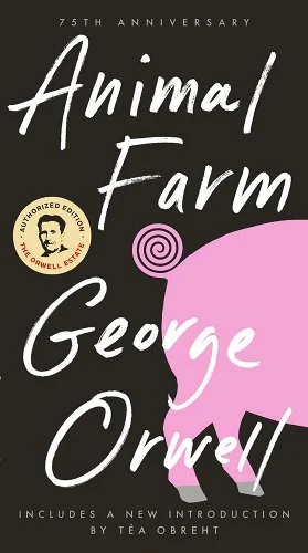 'Animal Farm' by George Orwell book cover showing half of a bright pink pig against a black background.
