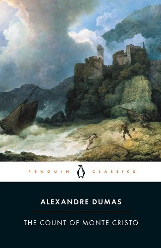 'The Count of Monte Cristo' by Alexandre Dumas book cover with a castle overlooking a cliff and rough seas.