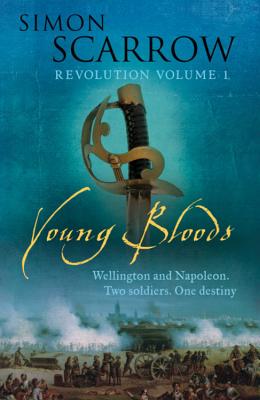 'Young Bloods' by Simon Scarrow book cover with a sword depicted above a battlefield scene.
