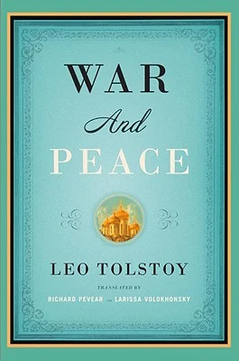 'War and Peace' by Leo Tolstoy book cover in a seafoam-colored background with a small round photo of a gold castle at the lower center.