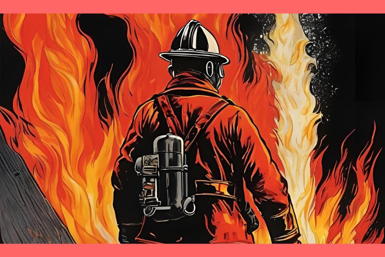 A firefighter, dressed in full protective gear, stands amidst roaring flames.
