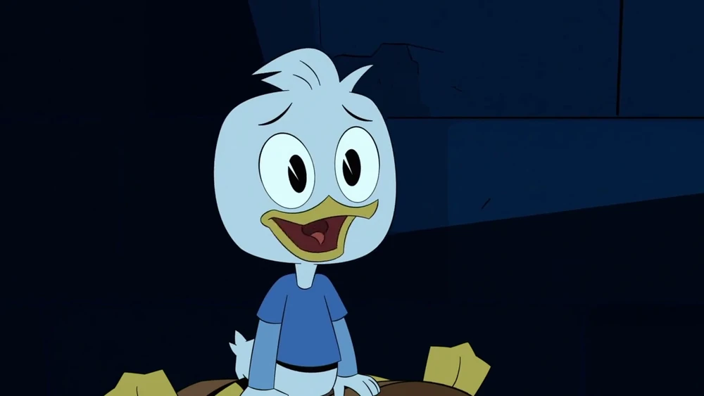 Dewey from "DuckTales." Images features Dewey sitting on a floating treasure chest, talking with Donald Duck and Scrooge McDuck.
