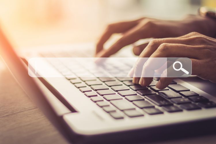 Hands typing on a laptop keyboard with a search bar overlay, representing online searches for Black-owned businesses