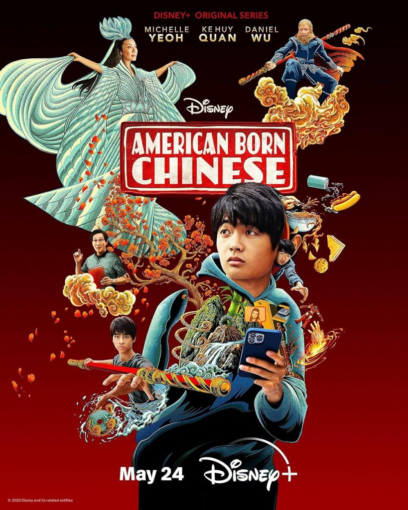 "American Born Chinese" promotional poster with Jin Wang holding his phone as the myths of China come to life. The Monkey King and Michelle Yeoh dressed in a light green Chinese dress are also on the poster.