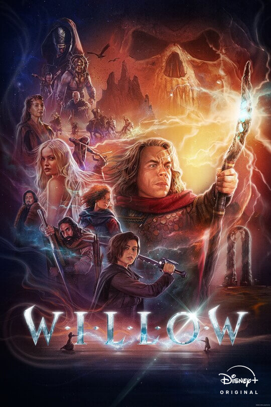 "Willow" promotional poster of the main cast drawn in the way the 80's did their art, with the titular Willow carrying a glowing scepter, a frowning skull transparent in the background.