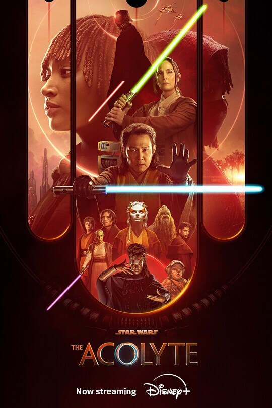 "The Acolyte" promotional poster of the Jedi Order members, Osha and a disguised Maa side by side with the masked villain in the middle.