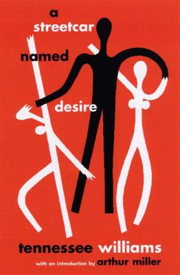 A Streetcar Named Desire cover, red background with two white stick figure females and one black stickf figure male.