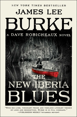 The New Iberia Blues cover, grayscale bayou with red canoe and solo traveler.