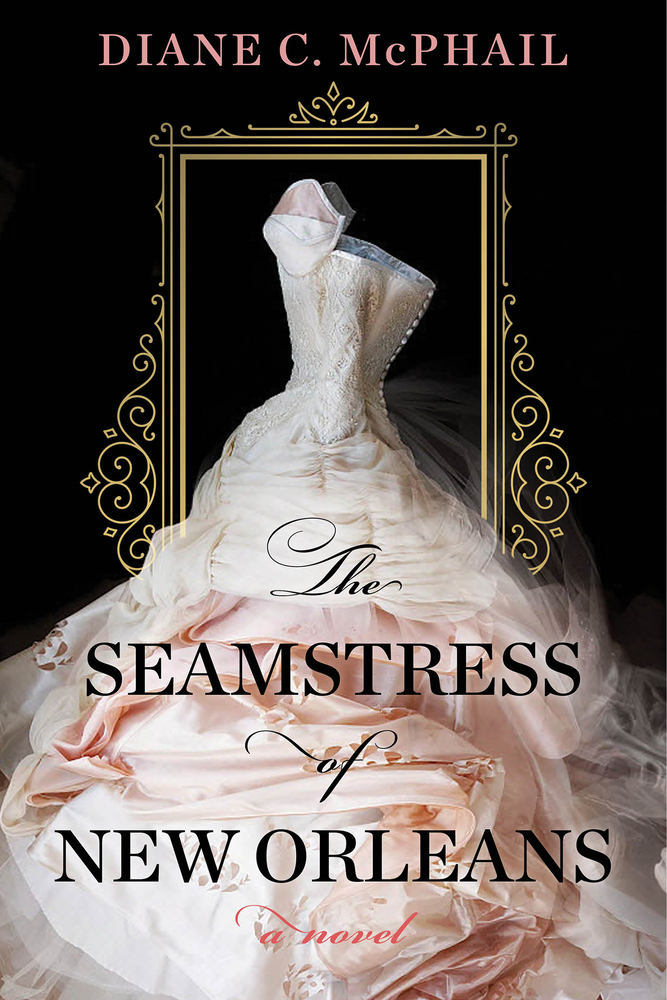 The Seamstress of New Orleans cover, black background with a white and blush gown framed in gold.