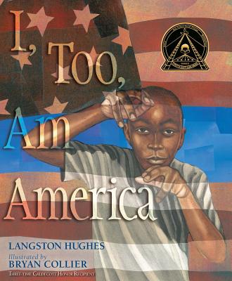 The cover of I, Too, Am America with an Americna flag in the background and a young African American kid on the front.