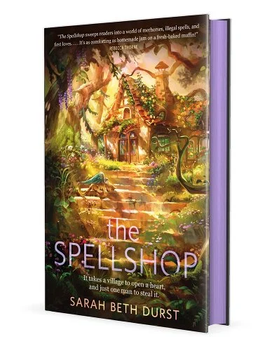 'The Spellshop' by Sarah Beth Durst book cover with a cottage in the middle of a magical forest
