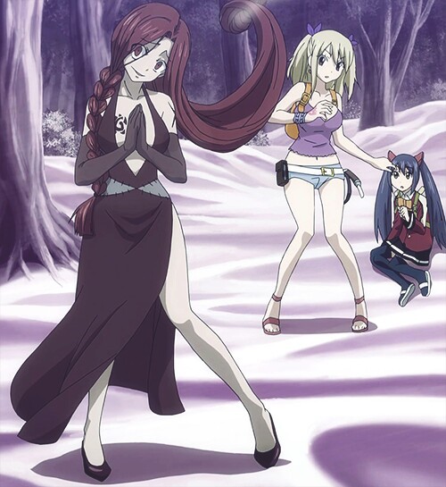 Lucy and Wendy from Fairy Tail staring at Flare in surprise. Flare has her hair half undone.