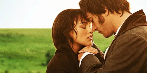 Elizabeth and Darcy holding hands with their foreheads pressed together