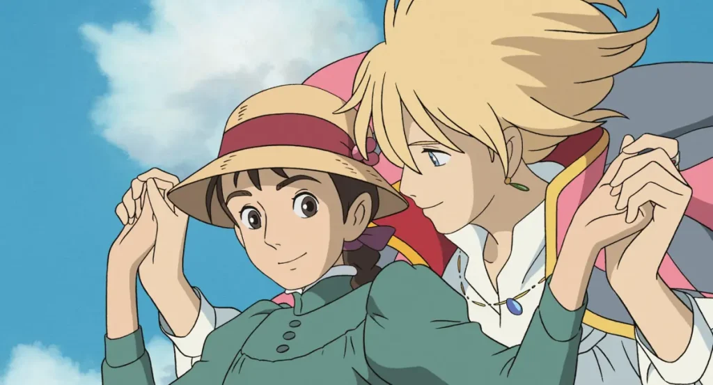 Howl holding Sophie's hands as they walk through the sky