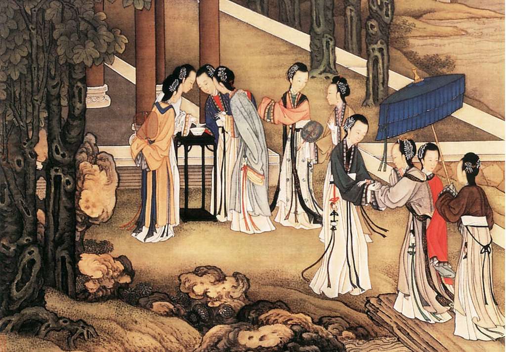 A traditional drawing of women dressed in traditional Chinese clothing are gathered together. One is holding a blue umbrella over two other women. They are standing outside near trees and pillars of a building.