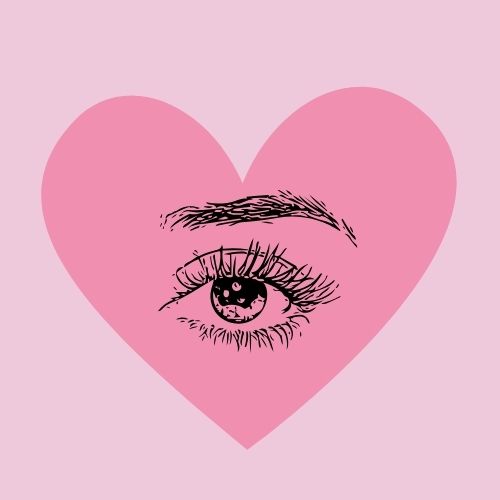 A light pink background with a heart and a sketched eye in the middle.