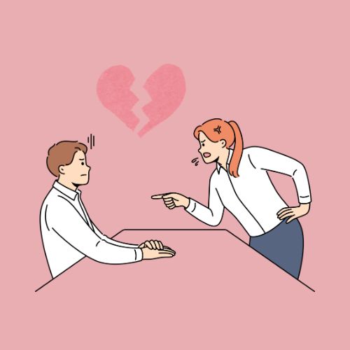 A couple fighting on a light pink background with a broken heart above them.