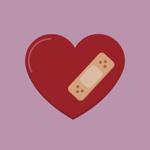 A light purple background with a red heart in the middle. There is a bandaid over the heart.