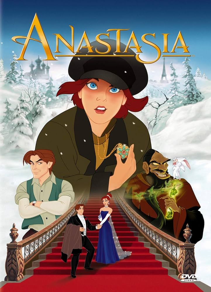 DVD cover of Anastasia (1997). A snowy background with Anastasia and other characters.