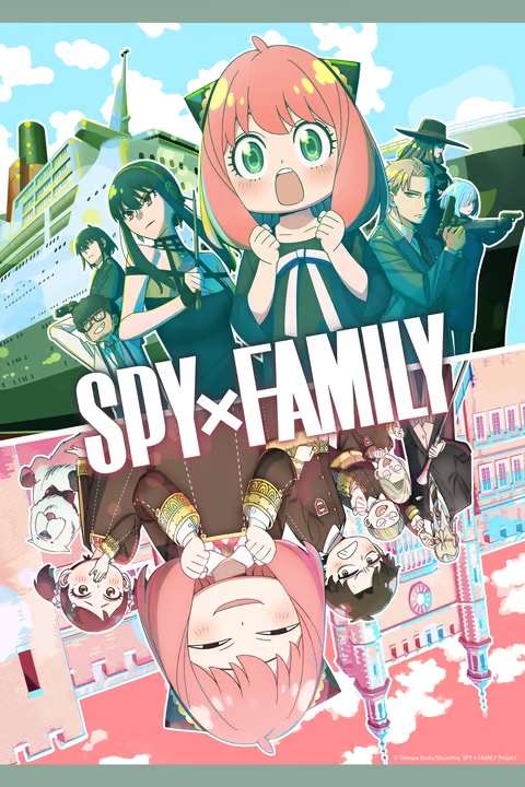 Anime poster of Spy x Family with multiple characters grouped together in the front, including Yor and Loid Forger.
