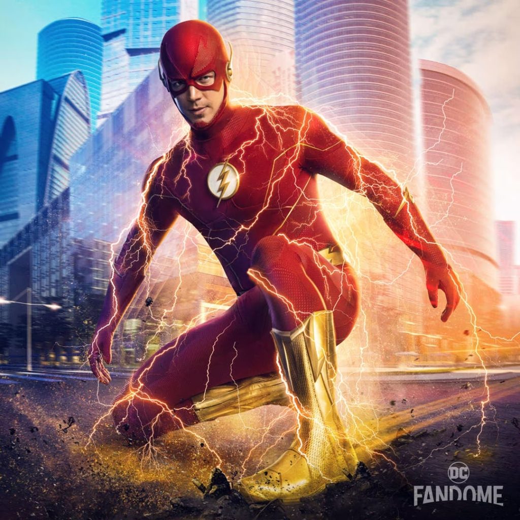 Barry Allen in his red Flash suit with electric pulses around him.