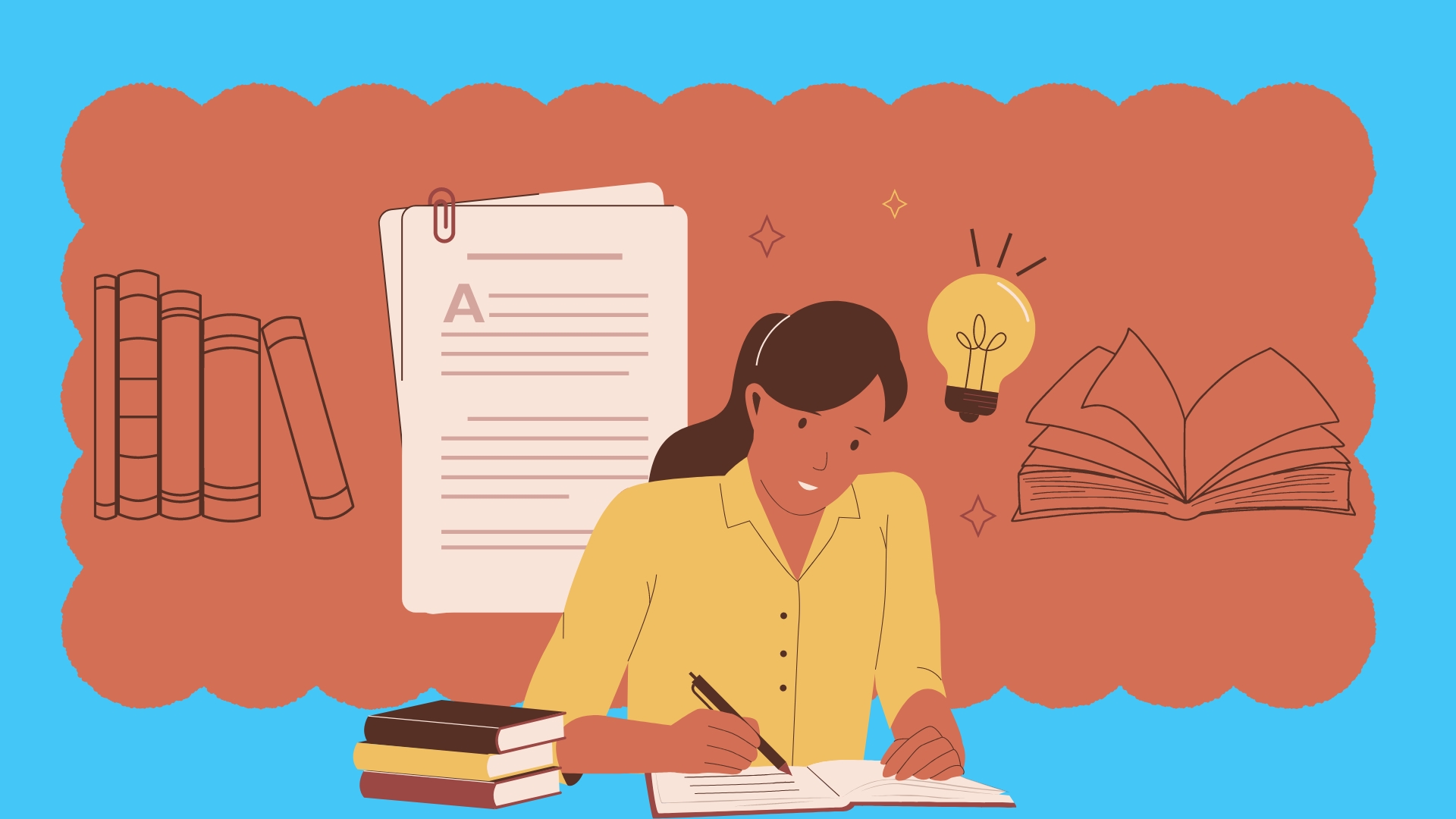 Cartoon woman looking down at a book she's writing in with a pen. A short stack of books sit to her left, some sheets of paper are suspended in the background, a light bulb hovers to her right and books are outlined either side of her on an orange background with a blue border.