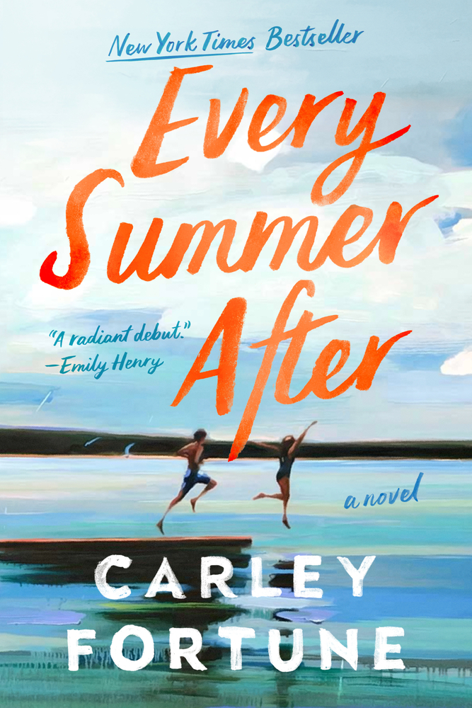 A boy and girl jumping into a lake on the cover of Every Summer After.