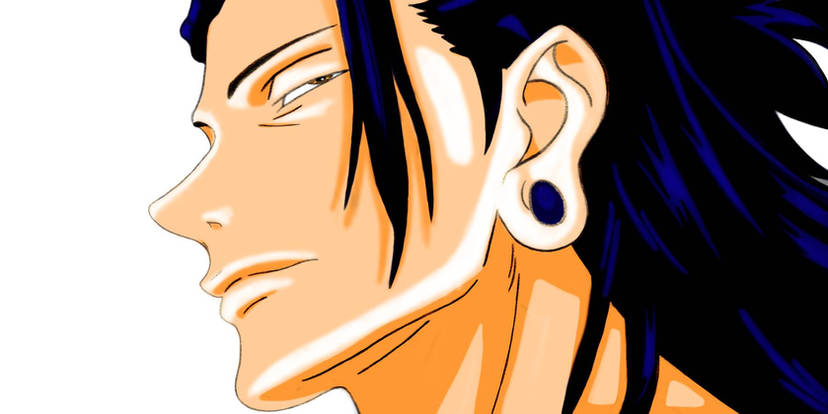 A drawing of the profile of a man with blue/black hair and earring gauges set against a stark white background.