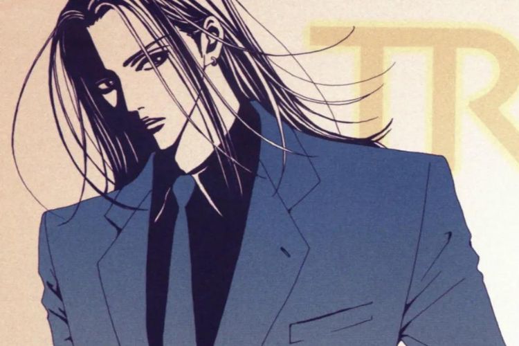 Drawing of a man in a blue suit with long, shoulder-length hair whipping about his face. He is set against a beige background.