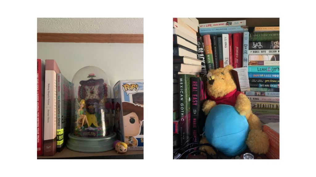 A picture of a vintage Tinker Bell clock next to a picture of a Pooh bear bookend plushie.