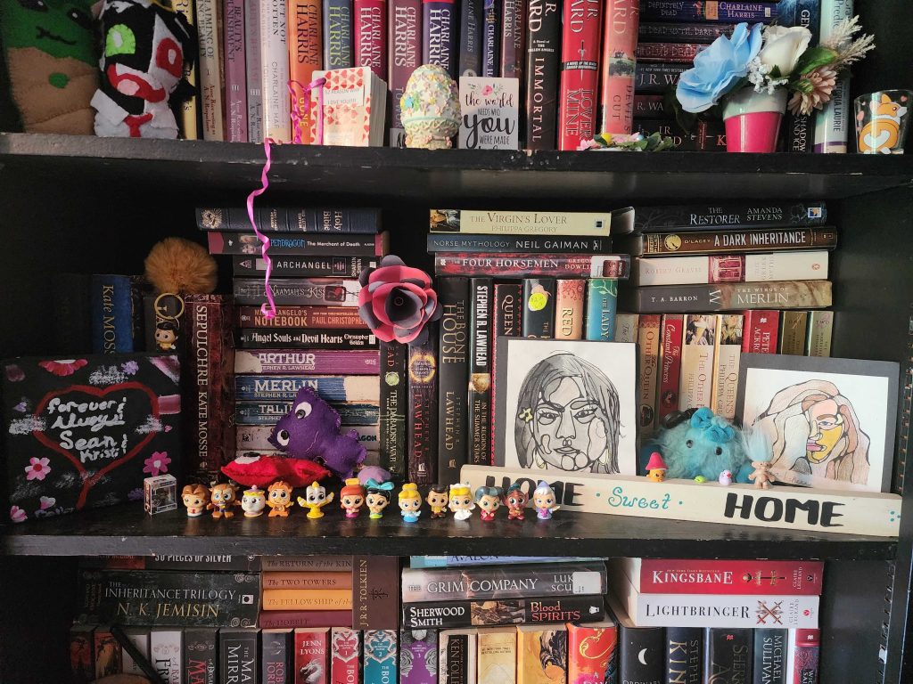 Black bookshelves showcasing stacks of thick book spines, art, a row of Disney figurines, and other miscellaneous props.
