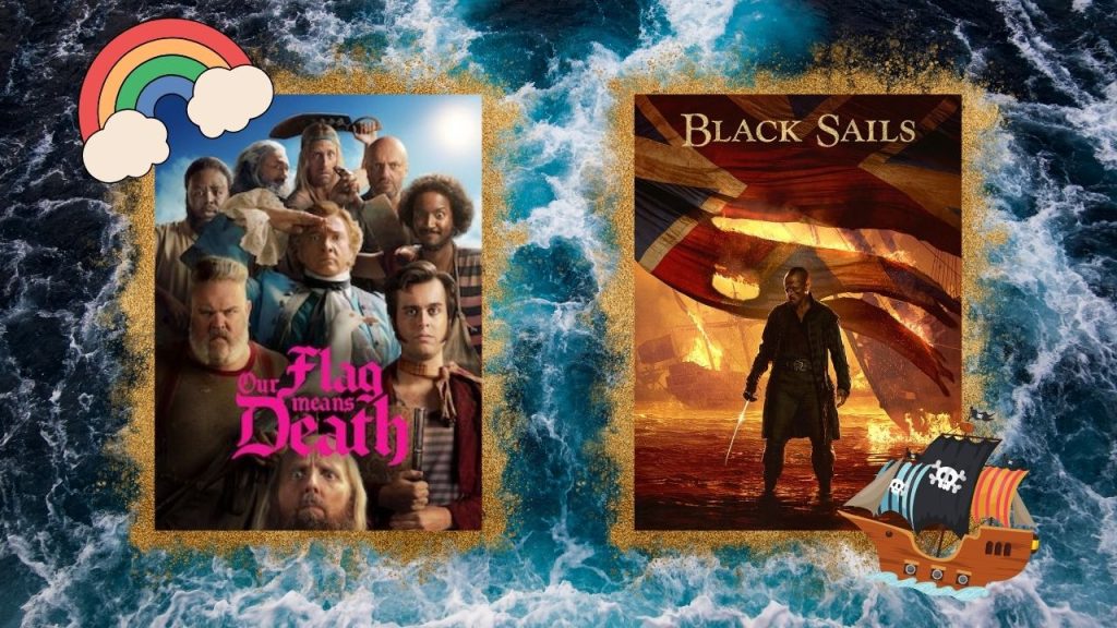 A choppy ocean with the promotional posters for Our Flag Means Death and Black Sails outlined in gold glitter. In the Our Flag Means Death poster, Stede Bonnet and the crew of the revenge huddle together and stare straight ahead. In the Black Sails poster, Captain Flint stands before a burning British flag.