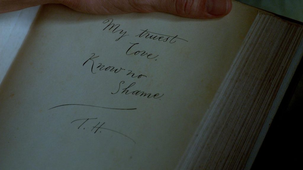 An inscription on the inside cover of a book that reads "My truest love, Know no shame."