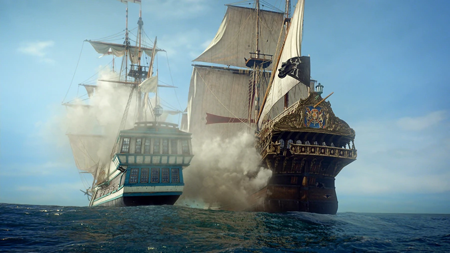 Two pirate ships side by side in the middle of the ocean. The left ship is slightly smaller with blue and green coloring, while the right ship is larger with brown and gold coloring and a flag with a skeleton on it.