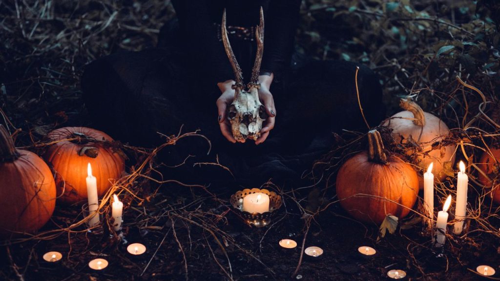 Hands in the wood holding a skull. pumpkins and candles surround them.