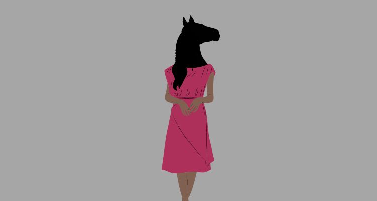A woman with a horse head.