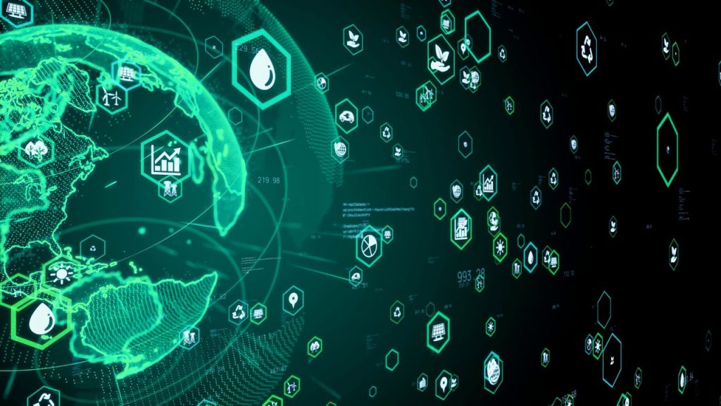 A green holographic Earth against a black backdrop, with a series of holographic icons around it, such as a water droplet, a sun, trees, and a recycling symbol.