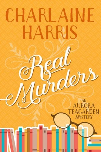 'Real Murders' by Charlaine Harris book cover with a neat row of books and a pair of glasses on them
