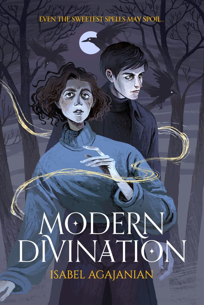MODERN DIVINATION by Isabel Agajanian cover, featuring an illustrated young man and woman against a spooky forest background with a swirl of magic around them
