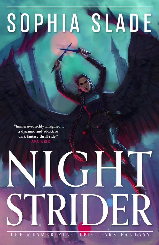 Cover of NIGHTSTRIDER by Sophia Slade, with a woman with dark wings, a long braid, and a leather outfit wielding two daggers against a blue-and-purple city and night sky
