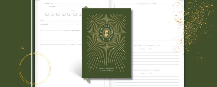 Dark green background with gold highlights. An open journal takes up most of the screen, and a journal with a dark green cover and gold lines is centered over the open journal.