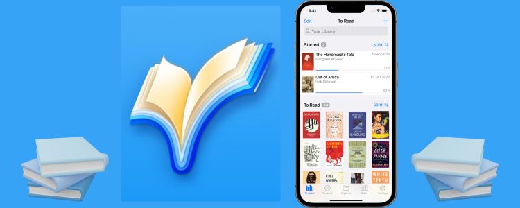 blue blackground with the Reading List logo of a book half open. Next to it is a phone screen with the Reading List app open. On either side of the book and app are stacks of blue books.