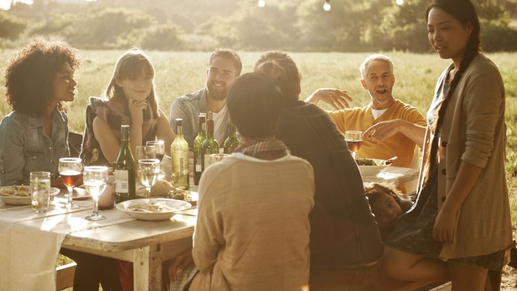 A group of people sitting at a table in a field, talking and laughing together.